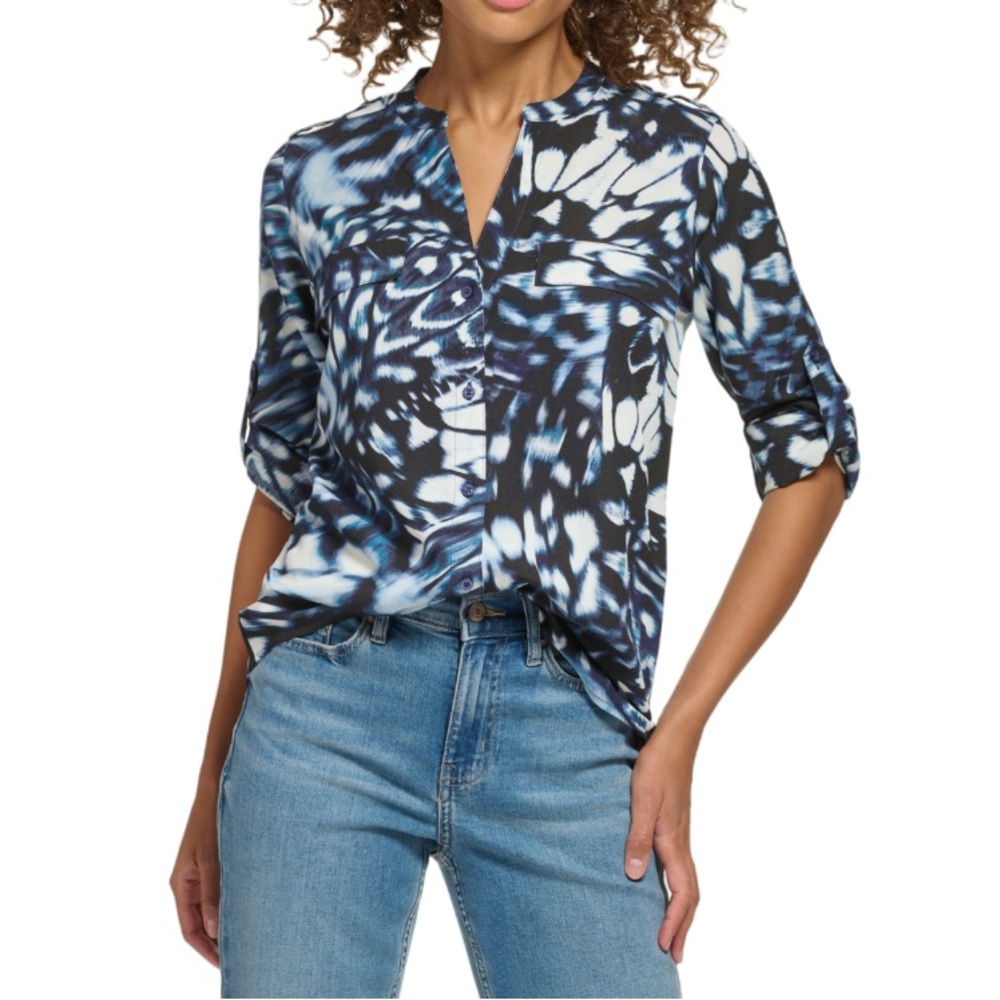 CALVIN KLEIN Blue Butterfly Abstract V-neck Roll-Tab Sleeve Button‎ Down Top XS